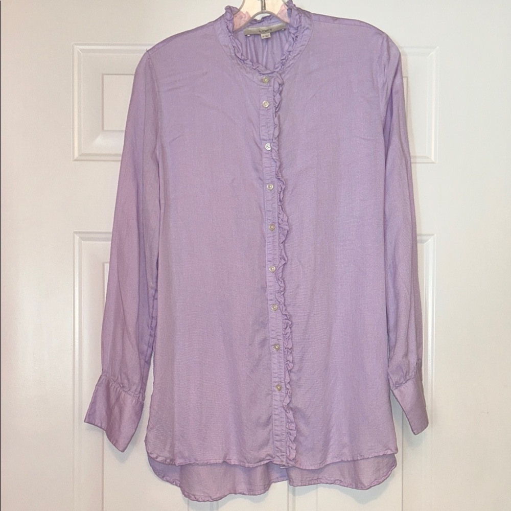 Loft Ruffle Button Up Rayon Linen Blouse M Lavender Feminine Cottagecore Career